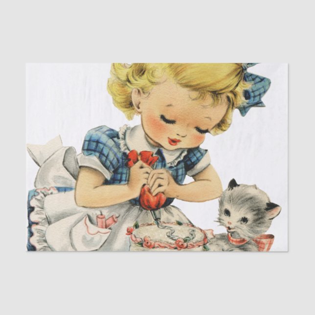 Retro Birthday Girl Cake Cat Children Artwork Seidenpapier (Vorderseite)