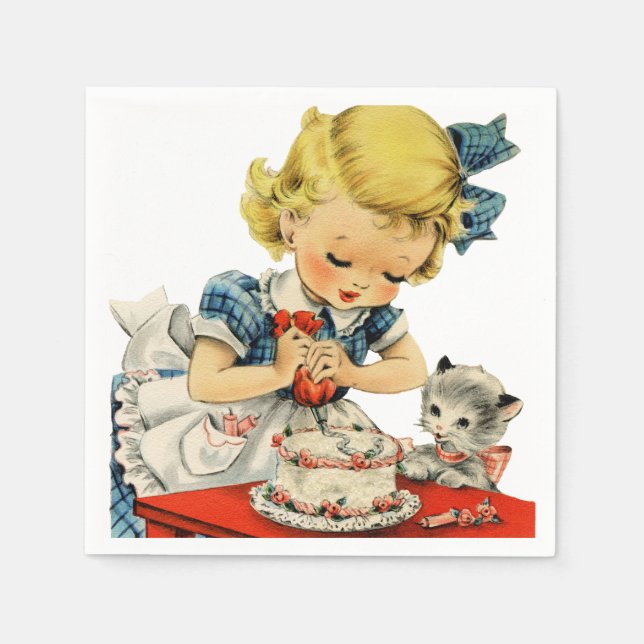 Retro Birthday Girl Cake Cat Children Artwork Serviette (Vorderseite)