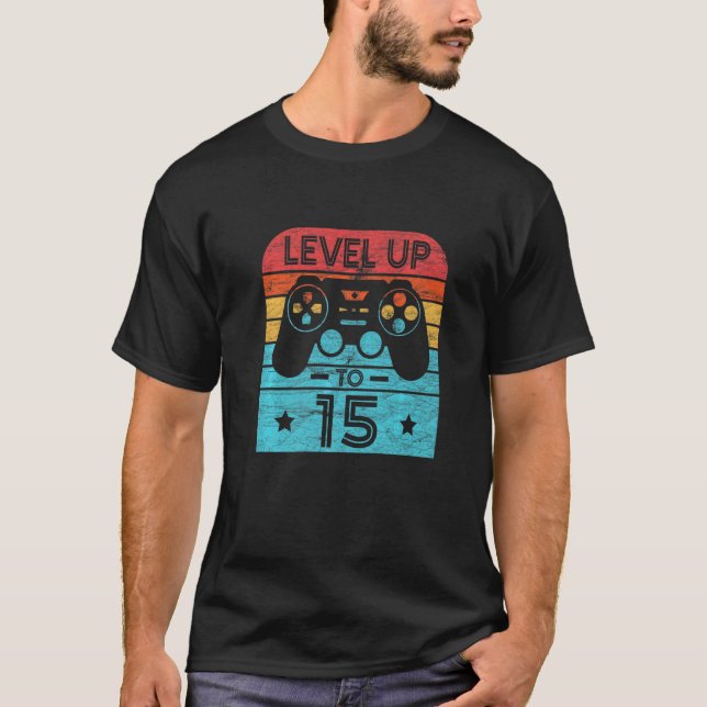 Retro Birthday Video Game 15 Jahre alter Gamer Lev T-Shirt (Vorderseite)
