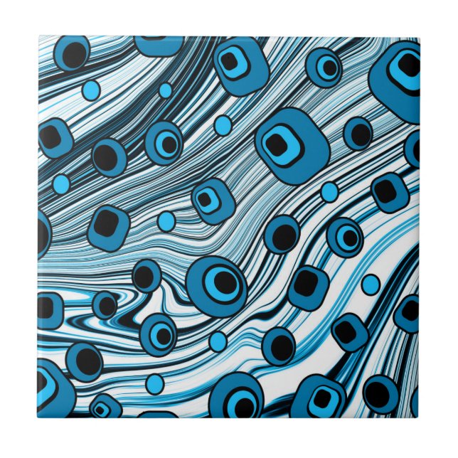 Retro Black and Blue Wavy Niedlich und Groovy Art Fliese (Vorderseite)