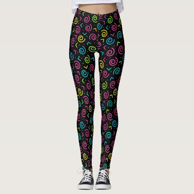 Retro Black and Neon Doodle Pattern der 80er/90er  Leggings (Vorderseite)
