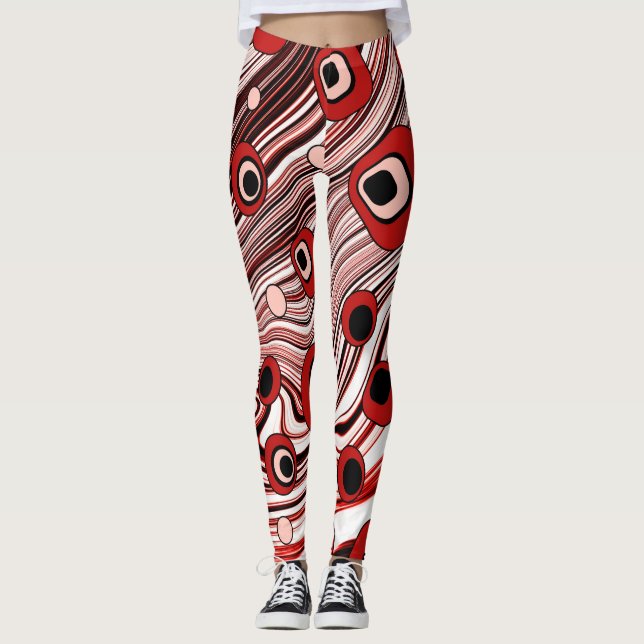 Retro Black and Red Groovy und Niedliche Wavy Art Leggings (Vorderseite)