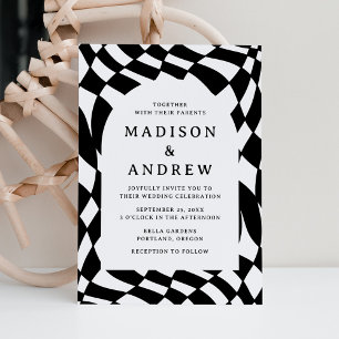 Retro Black and White Checkerboard Wedding Einladung