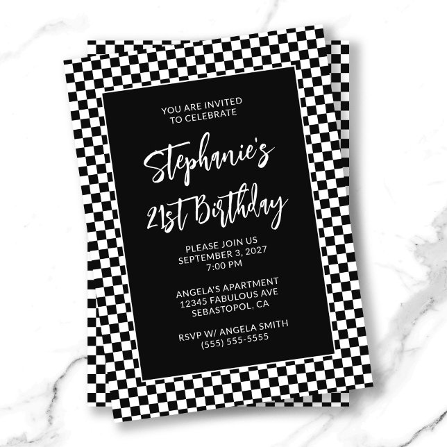 Retro Black and White Checkered Bold 21. Geburtsta Einladung (Retro Black and White Checkered Bold 21st Birthday Invitation)