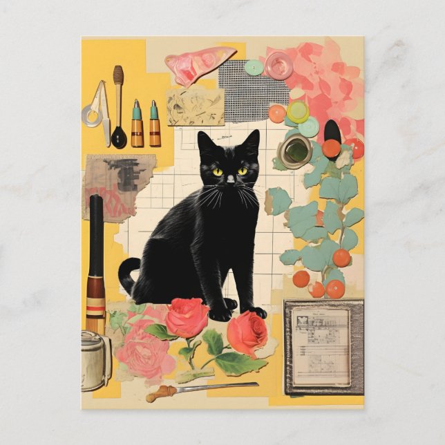 Retro Black Cat Blume Collage Postkarte (Vorderseite)