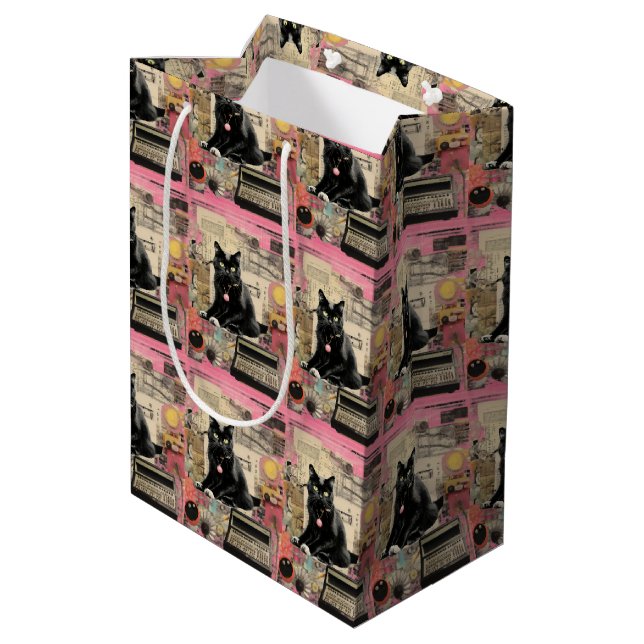 Retro Black Cat Collage Mittlere Geschenktüte (Rückseite Schrägansicht)