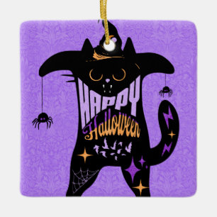 Retro Black Cat Funny Halloween Keramikornament