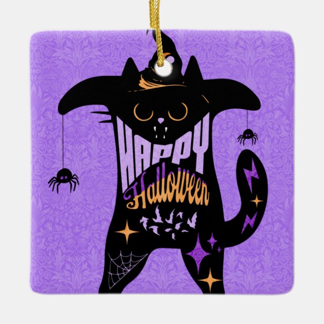 Retro Black Cat Funny Halloween Keramikornament (Vorderseite)