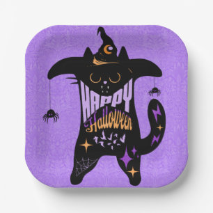 Retro Black Cat Funny Halloween Pappteller