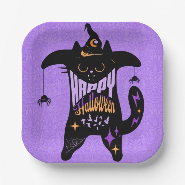 Retro Black Cat Funny Halloween Pappteller (Vorderseite)