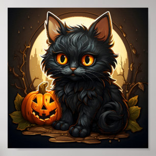 Retro Black Cat Halloween Spooky Orange Pumpkin Poster