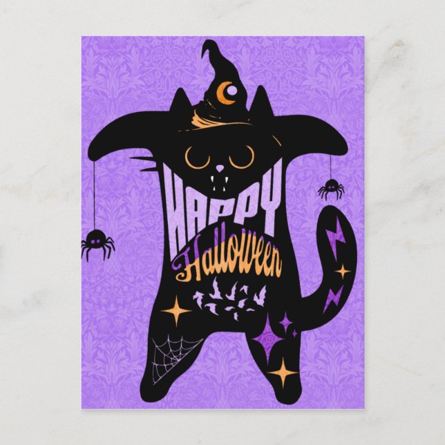 Retro Black Cat Hexe Funny Halloween Postkarte (Vorderseite)