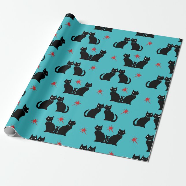 Retro Black Cat Kitty Red Stars Packpapier (Ungerollt)