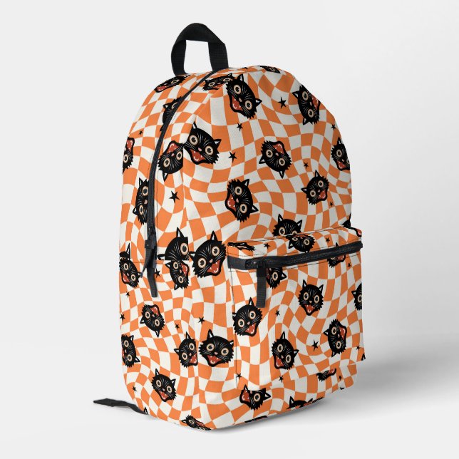 Retro Black Cat Orange Karo Muster Bedruckter Rucksack (Rückseitige Ecke links)
