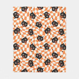 Retro Black Cat Orange Karo Muster Fleecedecke