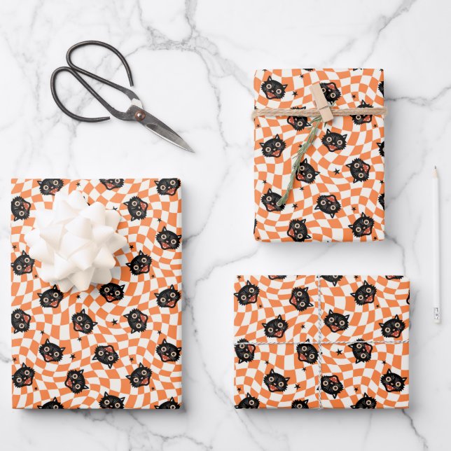 Retro Black Cat Orange Karo Muster Geschenkpapier Set (Vorderseite)