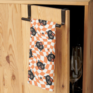 Retro Black Cat Orange Karo Muster Geschirrtuch