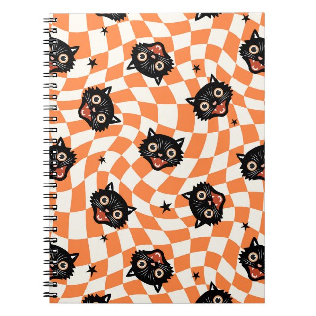 Retro Black Cat Orange Karo Muster Notizblock (Vorderseite)