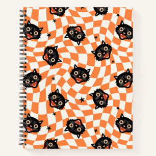 Retro Black Cat Orange Karo Muster Notizbuch