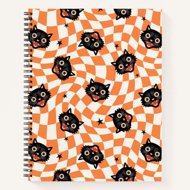 Retro Black Cat Orange Karo Muster Notizbuch (Vorderseite)