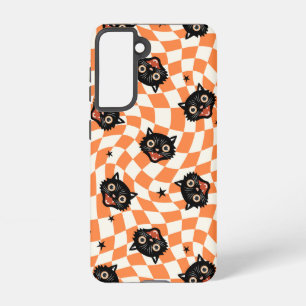 Retro Black Cat Orange Karo Muster Samsung Galaxy Hülle