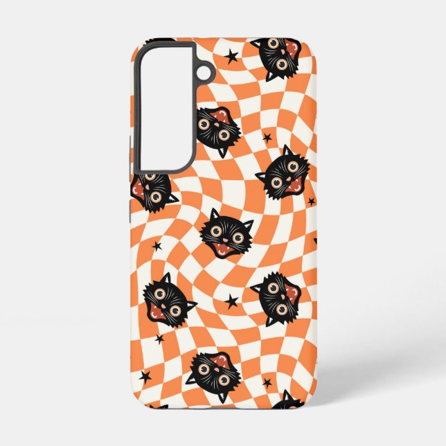 Retro Black Cat Orange Karo Muster Samsung Galaxy Hülle (Rückseite)