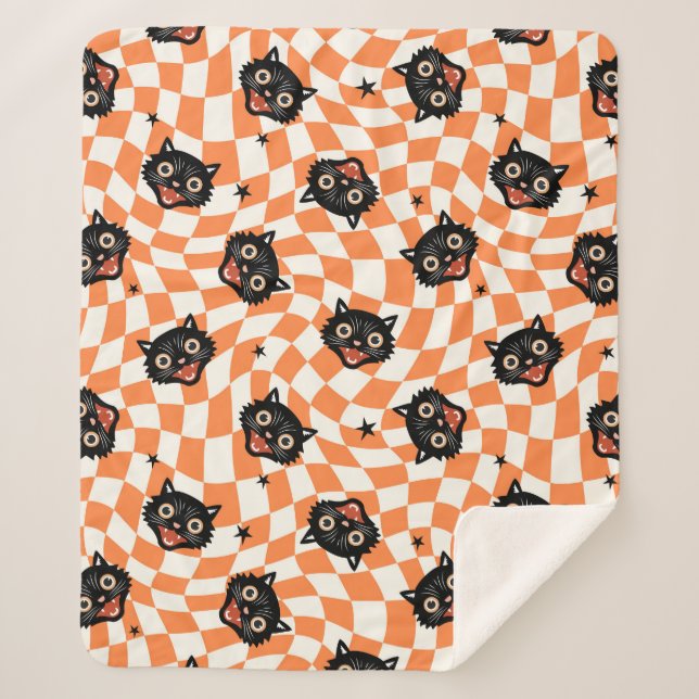 Retro Black Cat Orange Karo Muster Sherpadecke (Vorderseite)