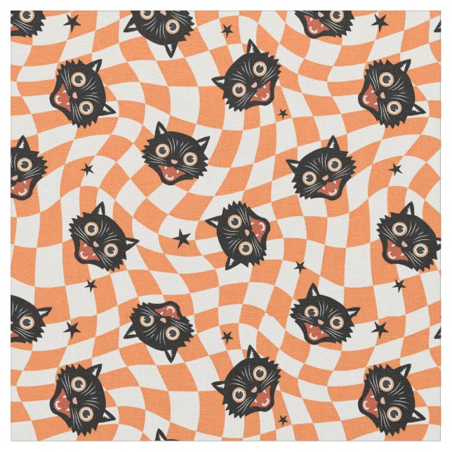 Retro Black Cat Orange Karo Muster Stoff (Nahaufnahme)