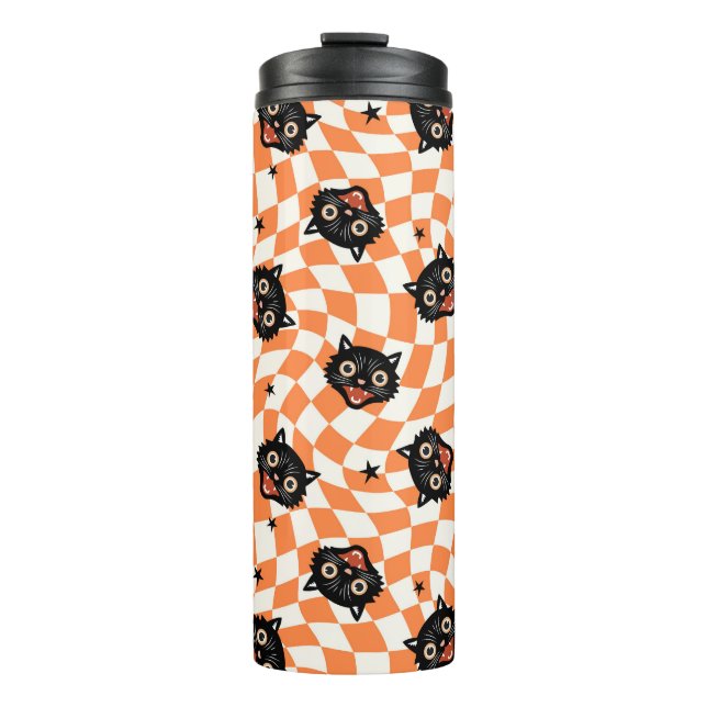Retro Black Cat Orange Karo Muster Thermosbecher (Vorderseite)