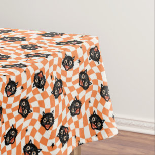 Retro Black Cat Orange Karo Muster Tischdecke