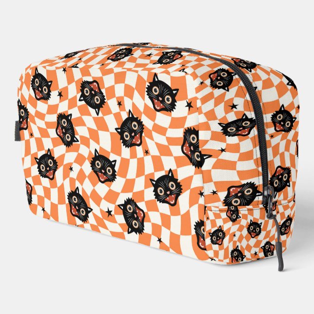 Retro Black Cat Orange Karo Muster Waschbeutel (Rechte Ecke)