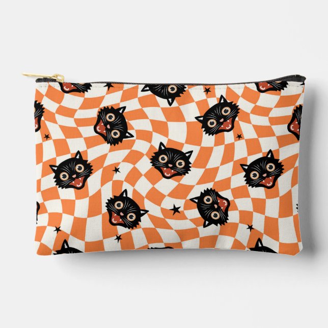 Retro Black Cat Orange Karo Muster Zubehörtasche (Vorderseite)