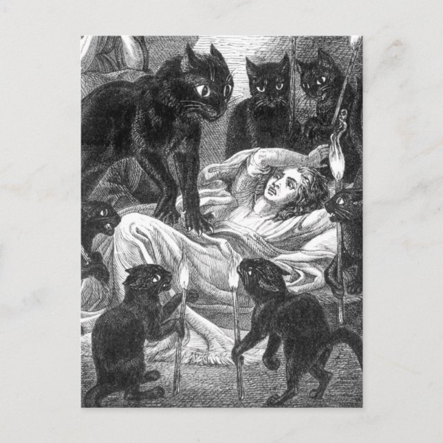 Retro Black Cat Party zeichnend Einladungspostkarte (Vorderseite)
