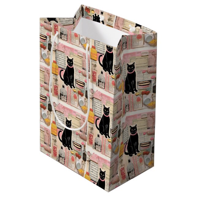 Retro Black Cat Pink Halskette Collage Mittlere Geschenktüte (Rückseite Schrägansicht)