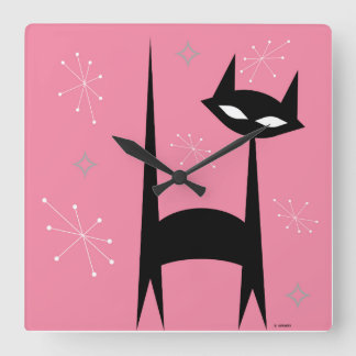 Retro Black Cat Pink Pop Art Clock Quadratische Wanduhr