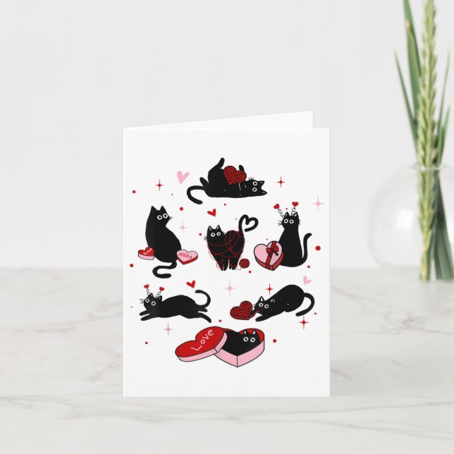Retro Black Cat Playing Valentinstag Cat K Karte (Vorderseite)