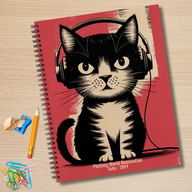 Retro Black Cat, Plotting World Domination, Funny Notizbuch (Von Creator hochgeladen)