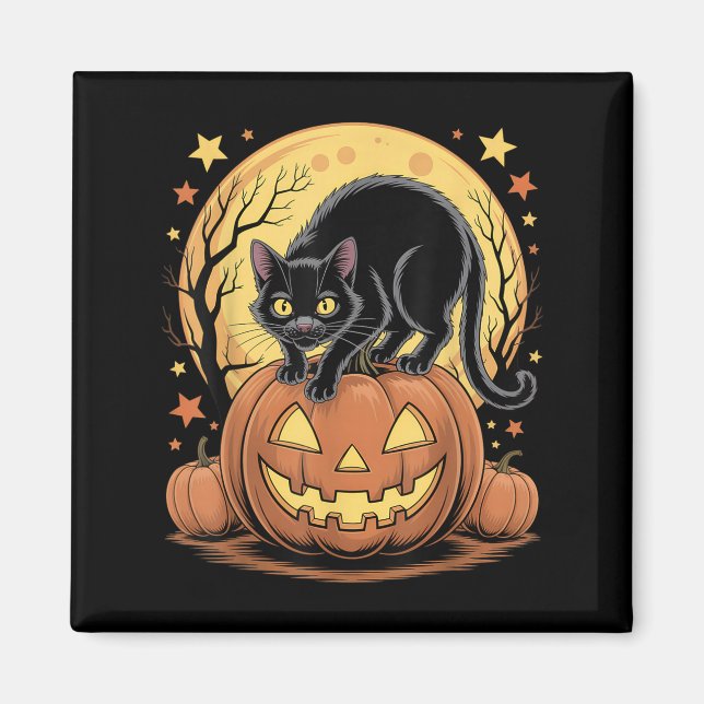 Retro Black Cat Pumpkin Funny Halloween Magnet (Vorne)
