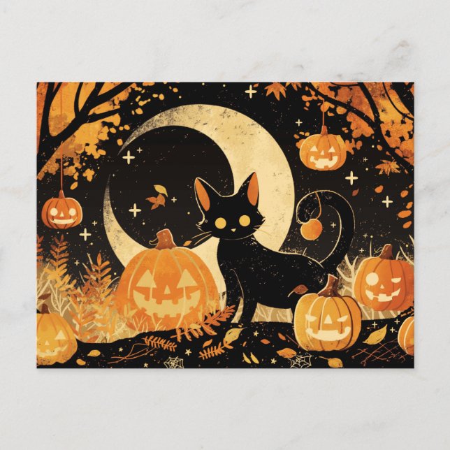 Retro Black Cat with Jack-o’-Lanterns Postkarte (Vorderseite)