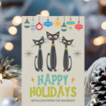 Retro Black Cats Ornaments Mitte Jahrhundert Weihn Feiertagskarte<br><div class="desc">Treten Sie zurück in die Mitte des 20. Jahrhunderts mit dieser funky schwarzen Katzen und Ornamente Weihnachtskarte.</div>