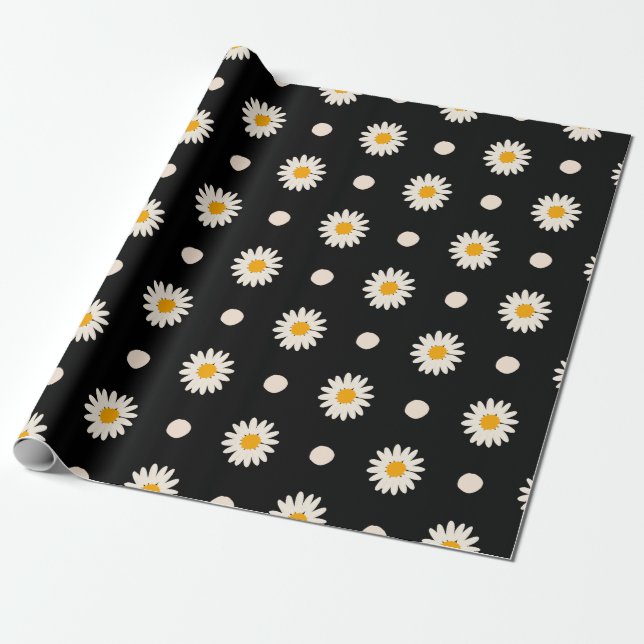 Retro Black Daisy Floral Pattern Geschenkpapier (Ungerollt)