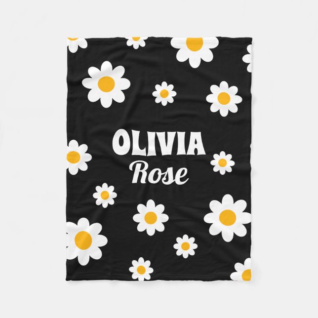 Retro Black Daisy Hippie Individuelle Name der 70e Fleecedecke (Vorderseite)