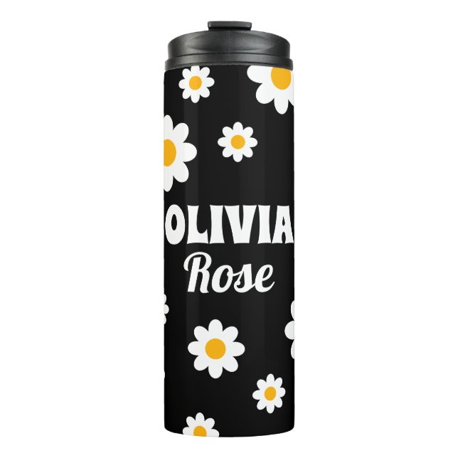 Retro Black Daisy Hippie Individuelle Name der 70e Thermosbecher (Vorderseite)