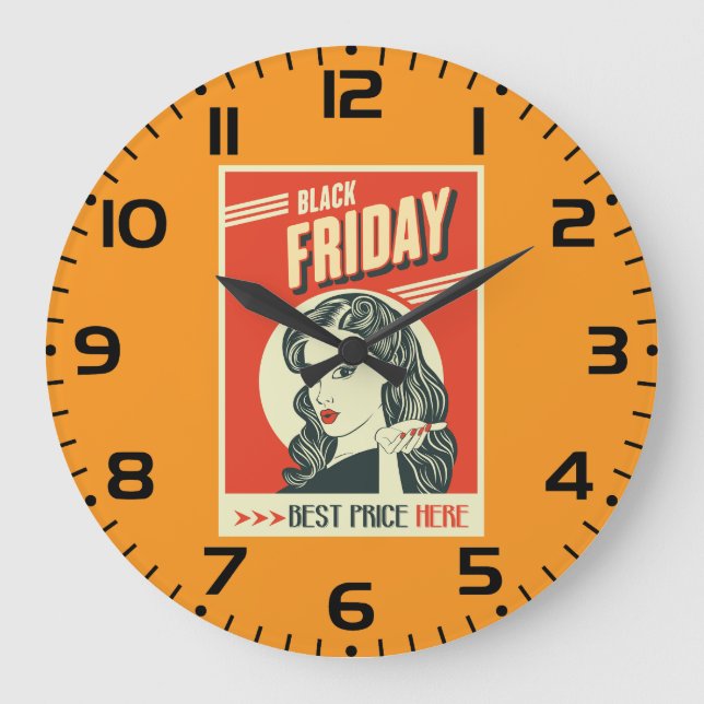 Retro Black Friday Pop Art Pin-Up Girl Große Wanduhr (Vorderseite)