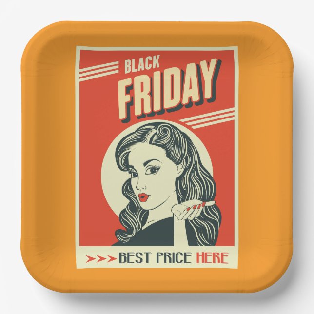 Retro Black Friday Pop Art Pin-Up Girl Pappteller (Vorderseite)