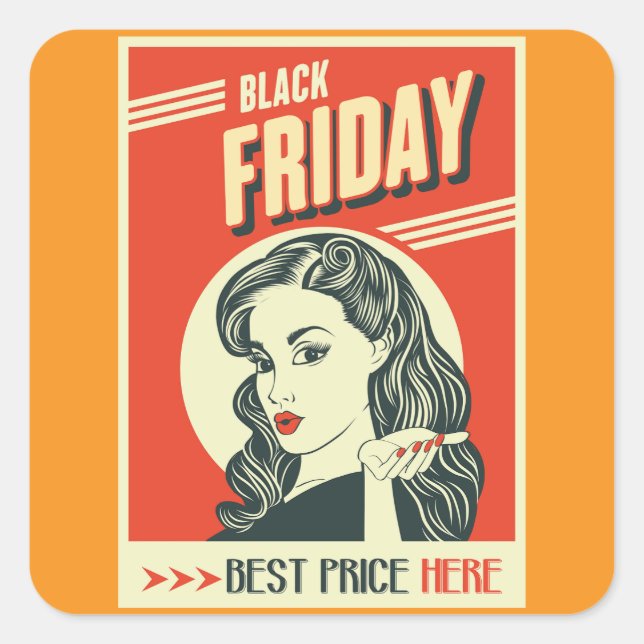 Retro Black Friday Pop Art Pin-Up Girl Quadratischer Aufkleber (Vorderseite)