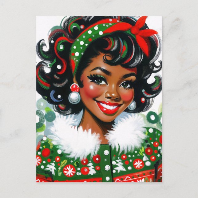 Retro Black Girl Christmas Cheer Postkarte (Vorderseite)