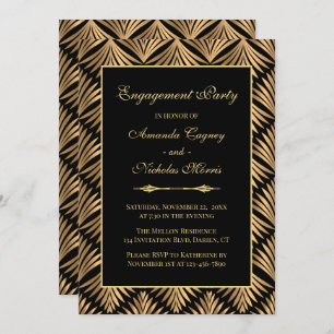 Retro Black Gold Art Deco Gatsby Engagement Party Einladung