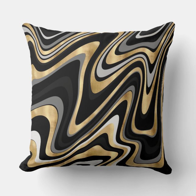 Retro Black Gold Wavy Lines Modernes Design Kissen (Vorderseite)