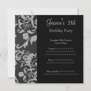 Retro Black Gray Metallic Floral 21. Geburtstag 3 Einladung